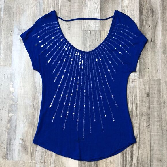 Daytrip Buckle Cobalt Blue Sequined Scoop Neck Top - Picture 3 of 14